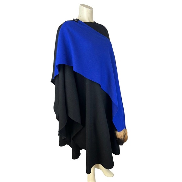 Vintage Cest Simone Black Blue Cape Cloak Coat Wool Fur Tails Trim Long Scarf - Picture 2 of 11